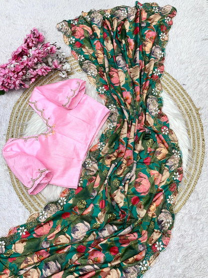 Pure Chinon Flower Khadi work saree with stitched blouse