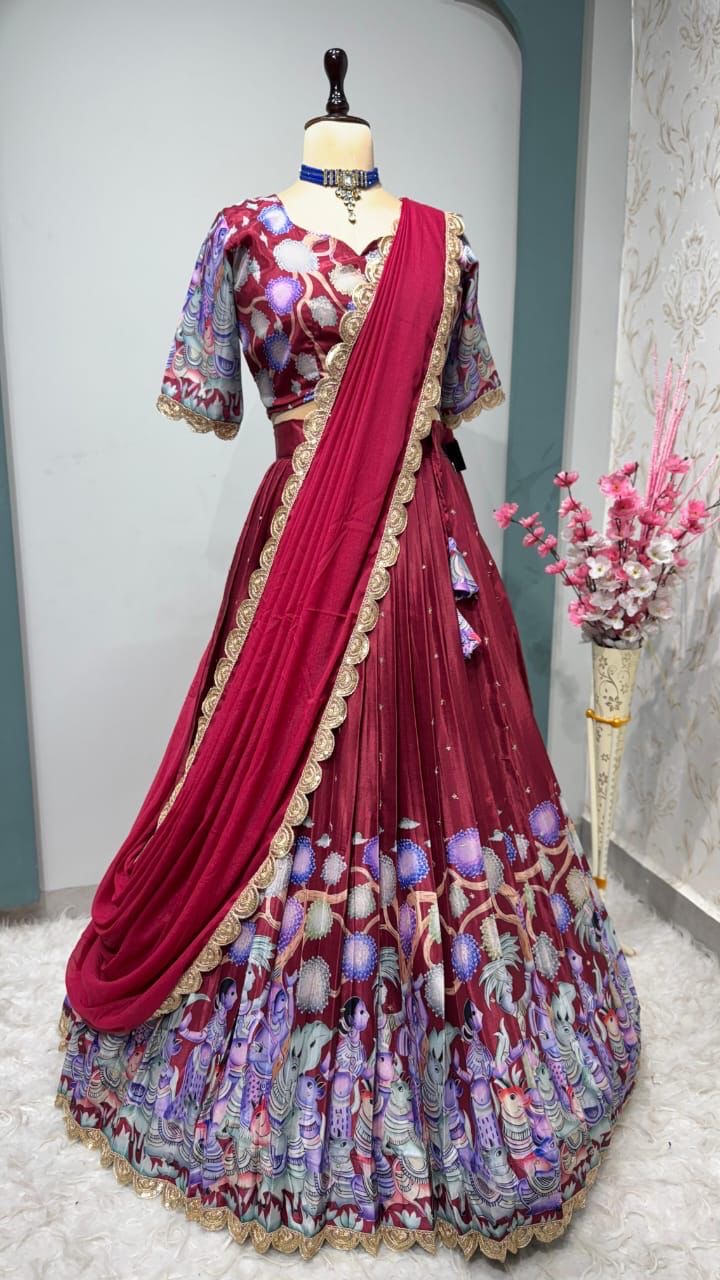 Chinnon silk Kalmkari Lehenga