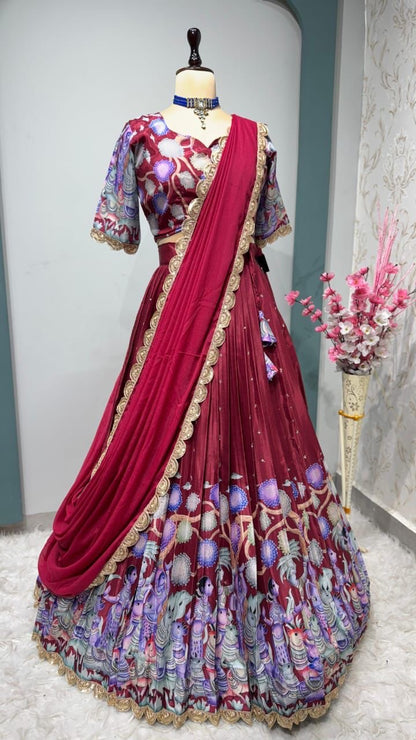Chinnon silk Kalmkari Lehenga