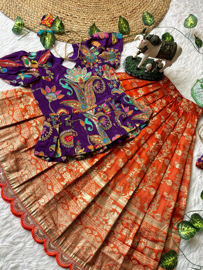 Kids Kalmkari pattu pavada sets