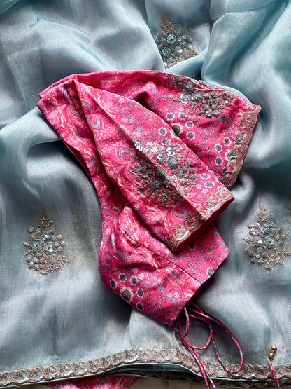 Luxe tissue silk saree with coding work With Stitched Blouse