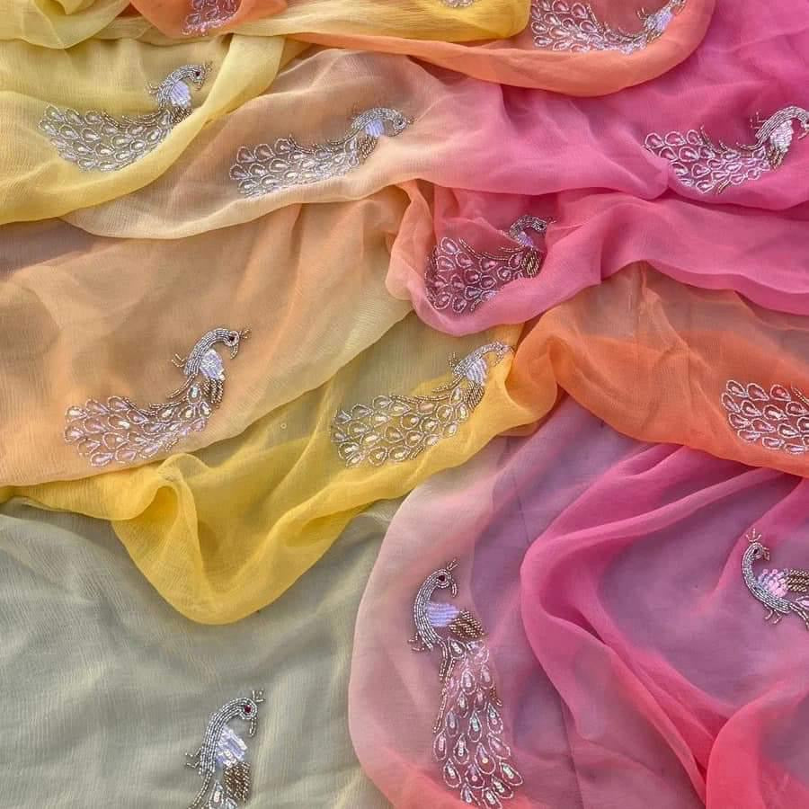 Half Pure Chiffon Handwork saree budget friendly
