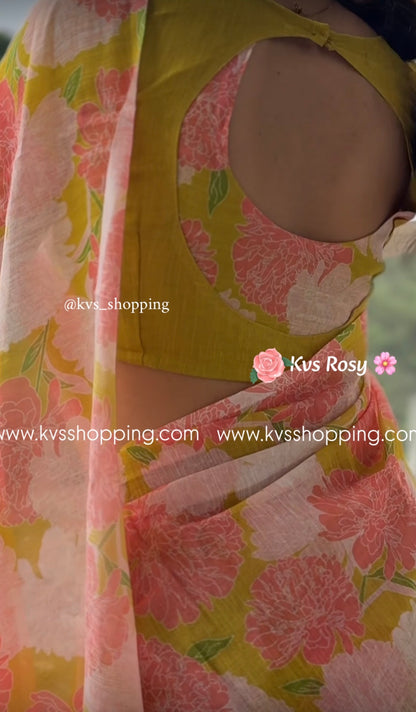 Kvs Rosy Lenin saree with stitched blouse