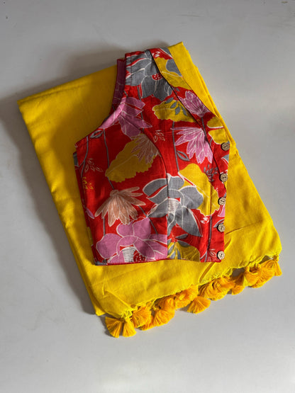 Khadi Cotton Saree With Kalamkari Fusion Blouse