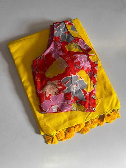 Khadi Cotton Saree With Kalamkari Fusion Blouse