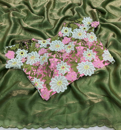 Crosya embroidery cutwork designer  blosue with fendy silk saree