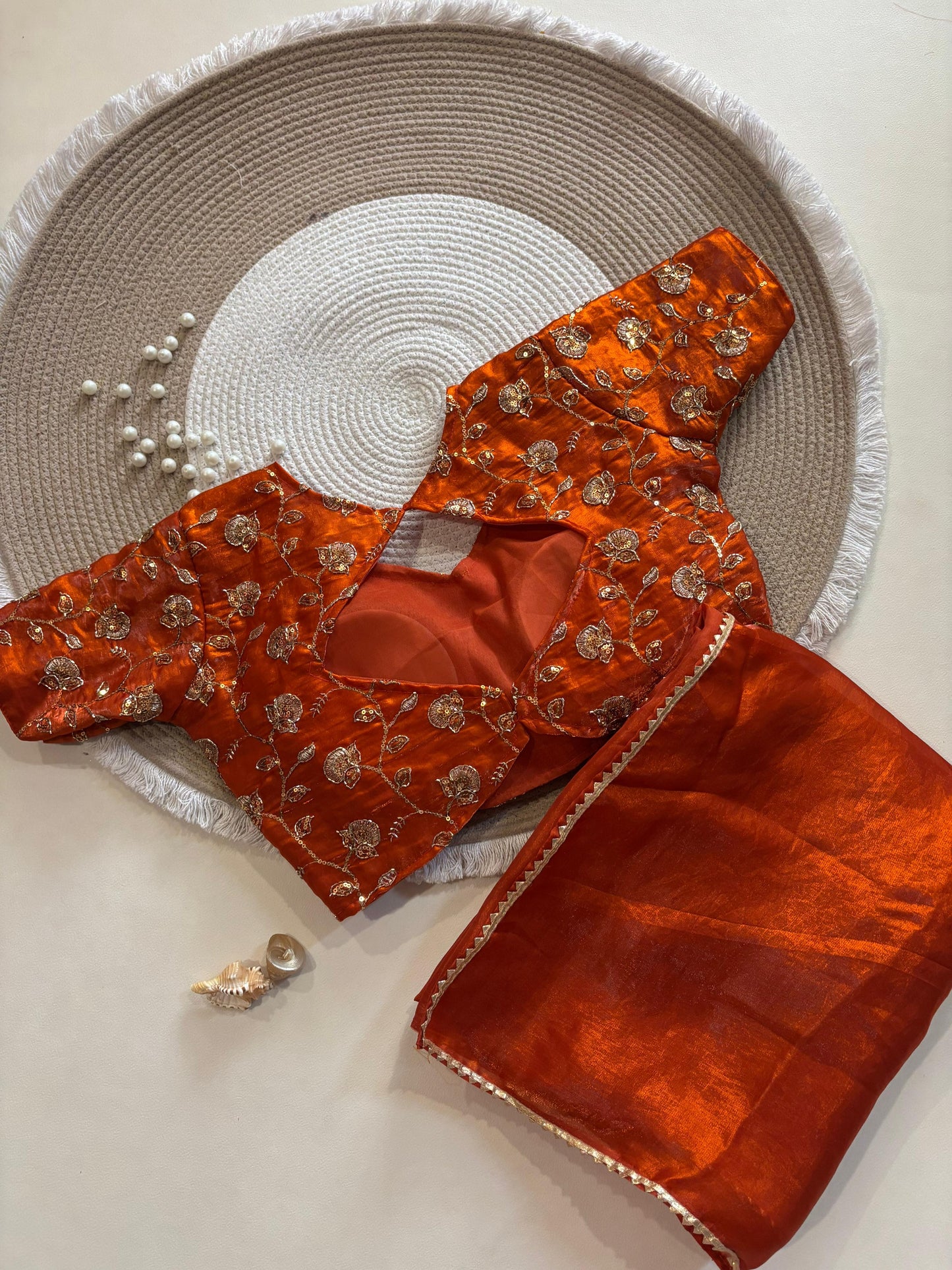 Rust Orange Desginer saree with Stitched Blouse Instgram best seller