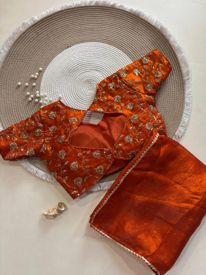 Rust Orange Desginer saree with Stitched Blouse Instgram best seller