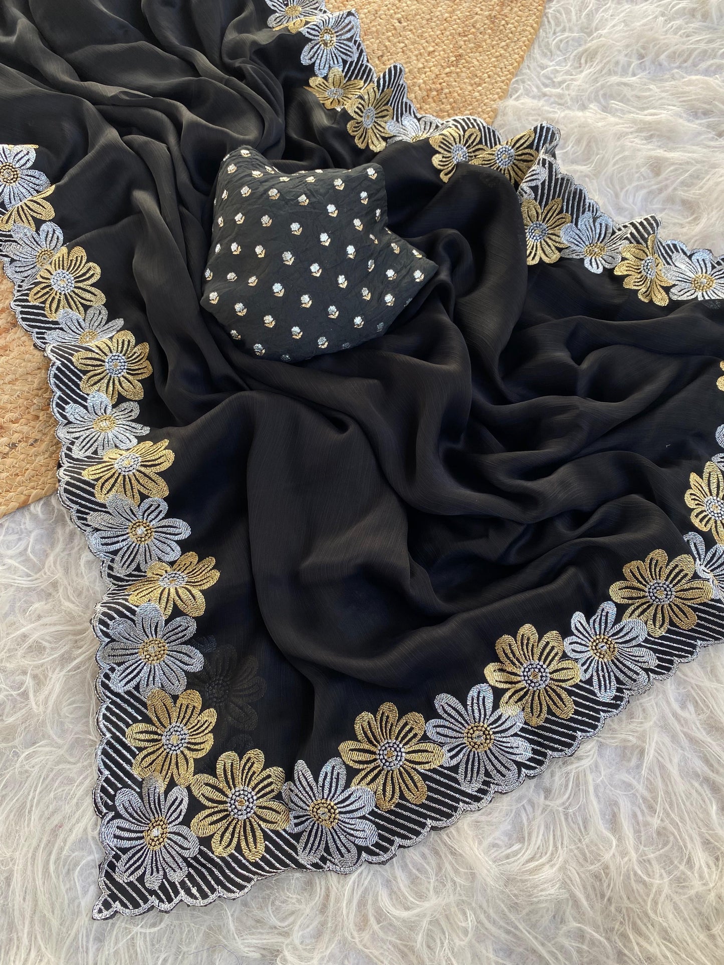 Soft black Banarasi embroidery flower sarees budget
