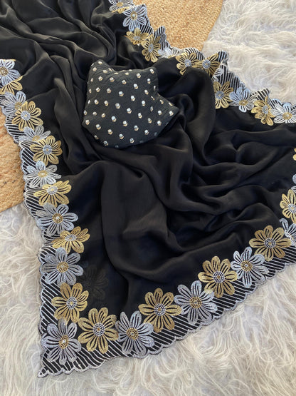 Soft black Banarasi embroidery flower sarees budget
