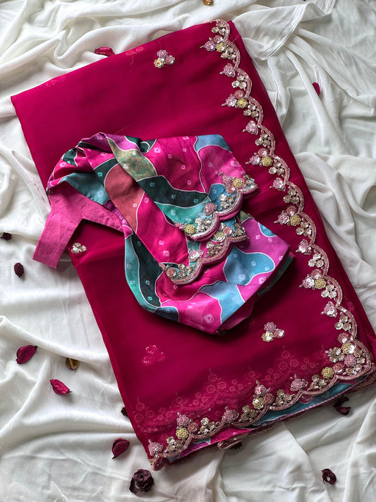 Premium tissue silk saree with coding work & multi colour sequence on all over the saree With Stitched Blouse