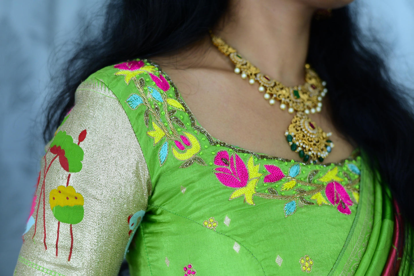 Parrot green paithani maggam lehengas
