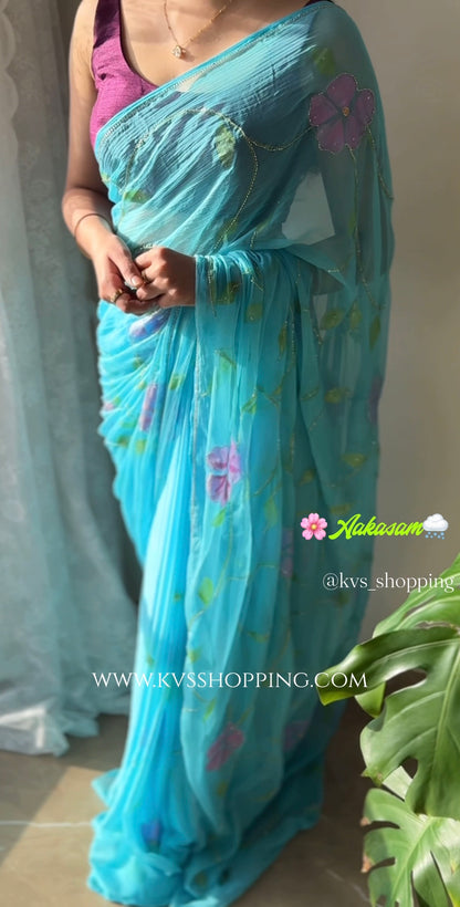Aakasam Hand painted Chiffon Handwork trending  sarees