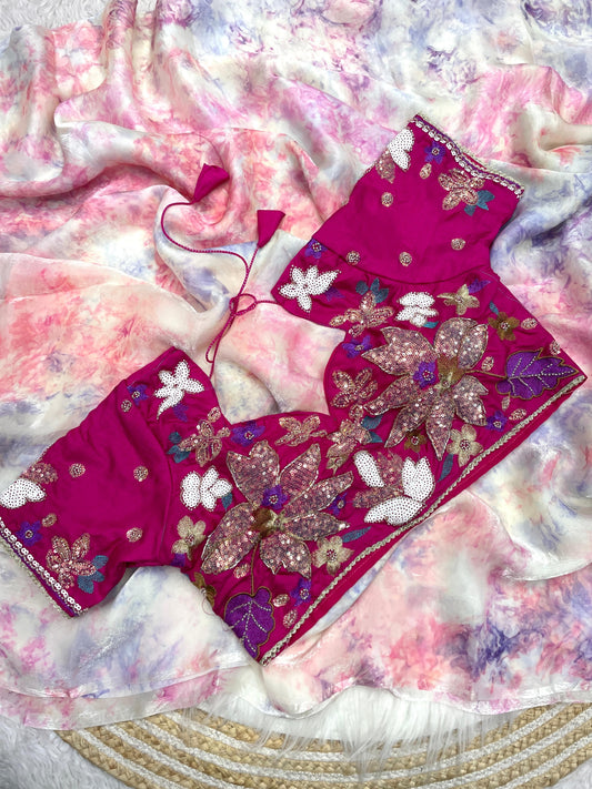 Handwork blosue with stitched /rainbow space silk saree