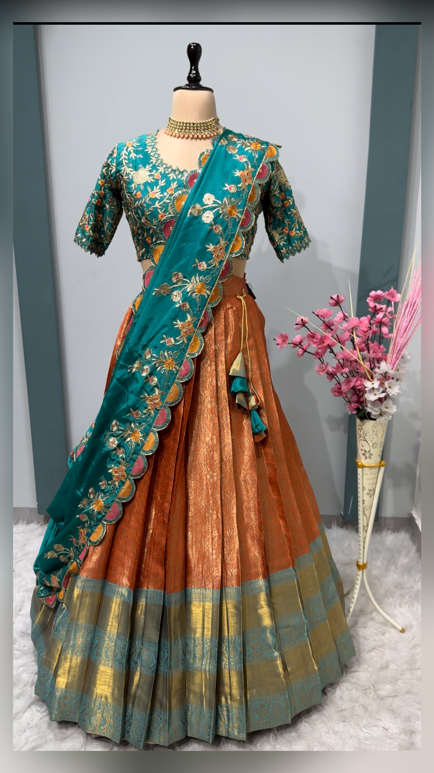 Semi Kanchipuram Orange lehengas