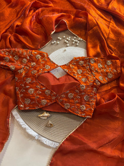 Rust Orange Desginer saree with Stitched Blouse Instgram best seller