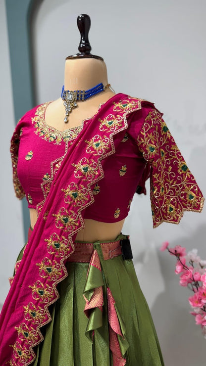 Kanchipuram Lehenga with cutwork duptta