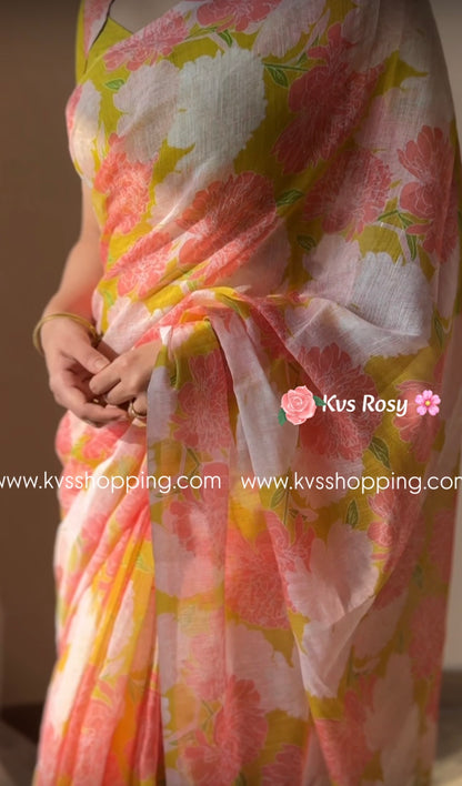 Kvs Rosy Lenin saree with stitched blouse