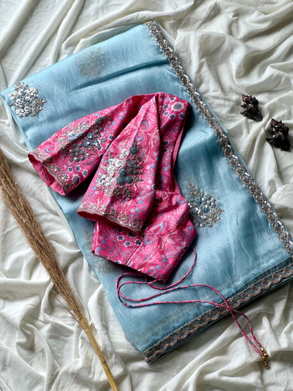 Luxe tissue silk saree with coding work With Stitched Blouse