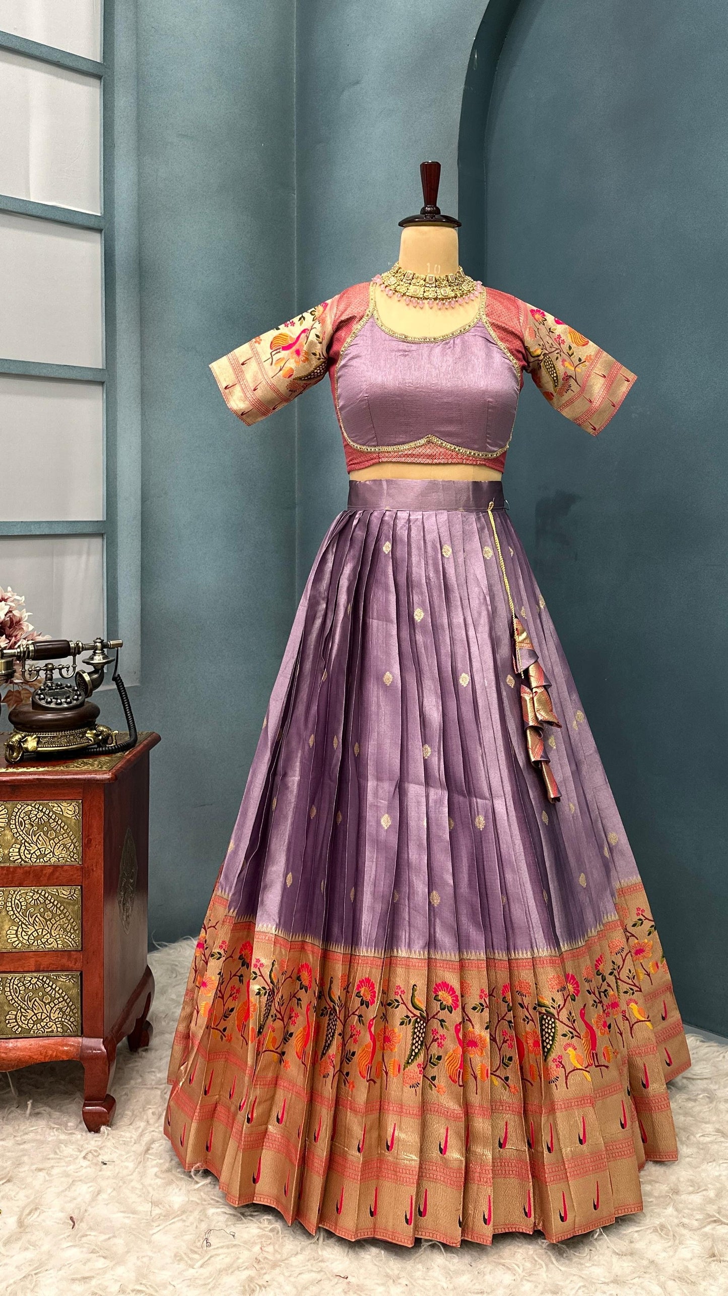 "Elegant Paithani Silk Lehenga Choli Set - Two-Tone Tissue Silk"