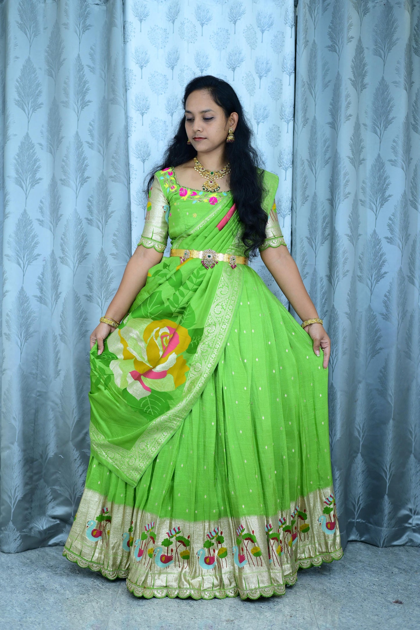 Parrot green paithani maggam lehengas
