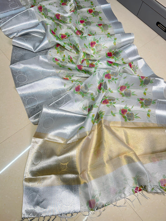 Banarasi Tissue Kota Check Hand Brush Saree