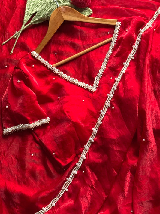 Pearl Work Space Silk Saree with pearl work Stitched Blouse