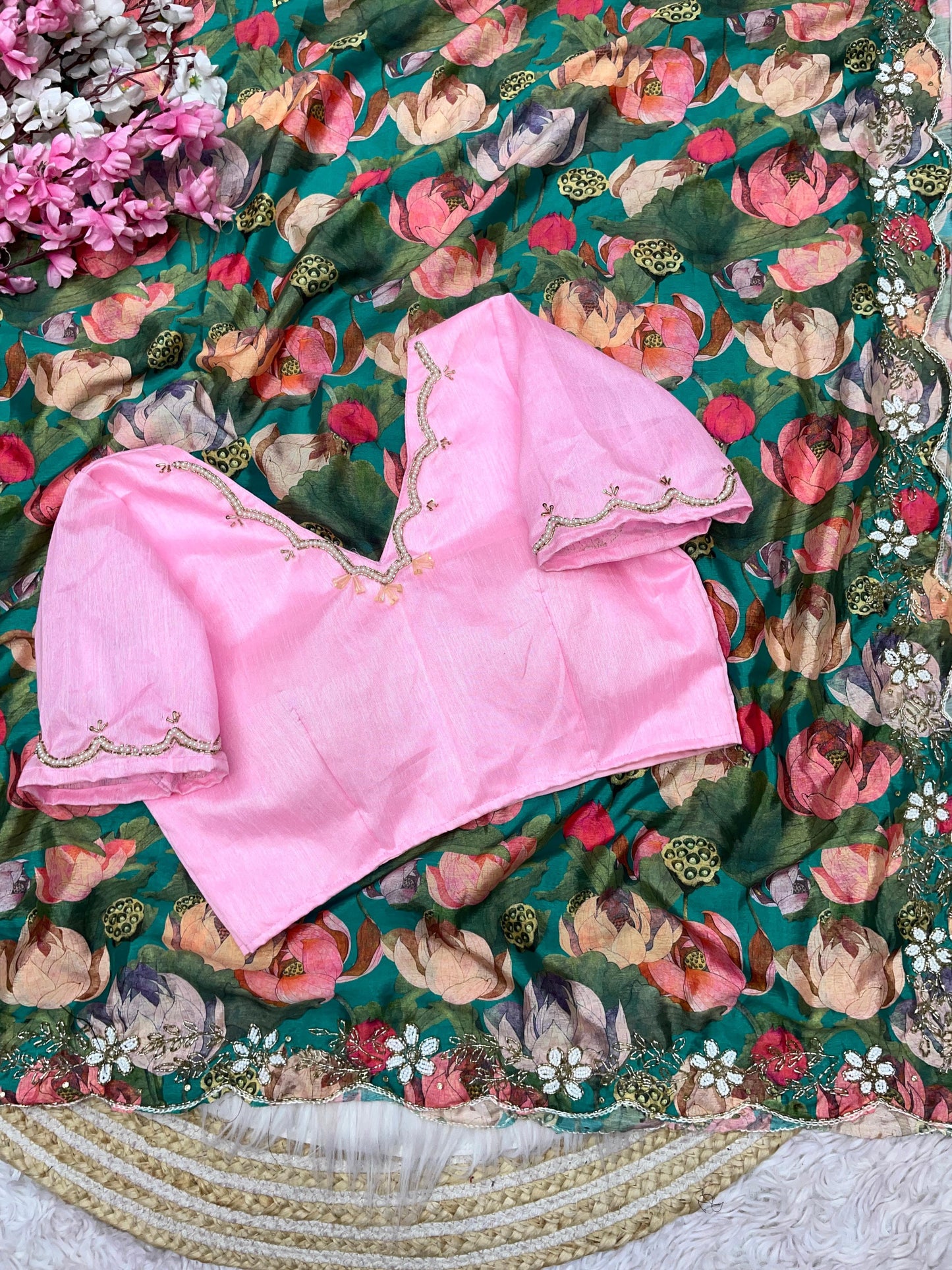 Pure Chinon Flower Khadi work saree with stitched blouse