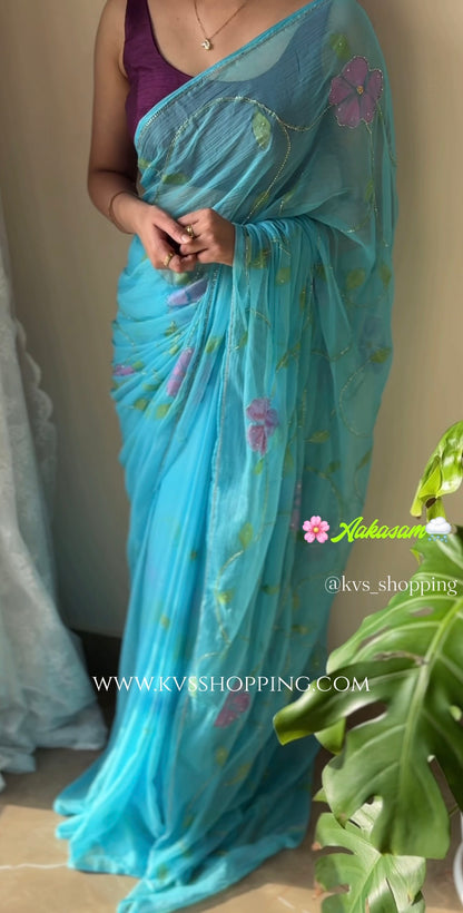 Aakasam Hand painted Chiffon Handwork trending  sarees