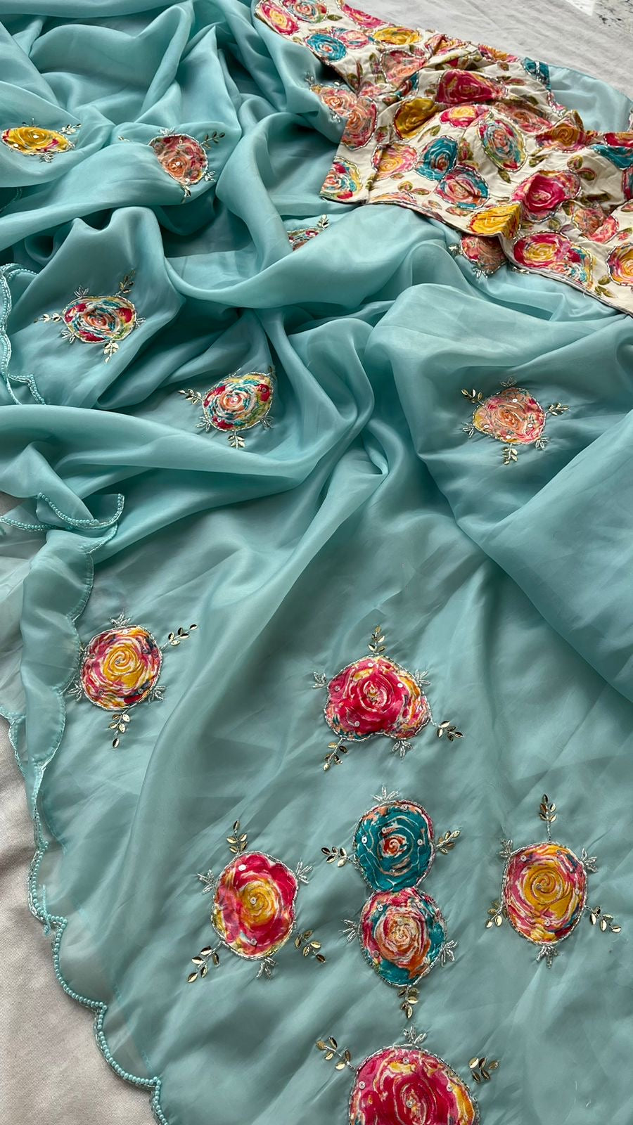 Glass Soft Crystal Sarees luxe semi Stitched Blouse