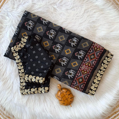 Ikkat Lenin saree with stitched Blouse