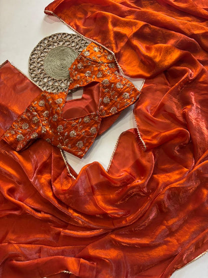 Rust Orange Desginer saree with Stitched Blouse Instgram best seller