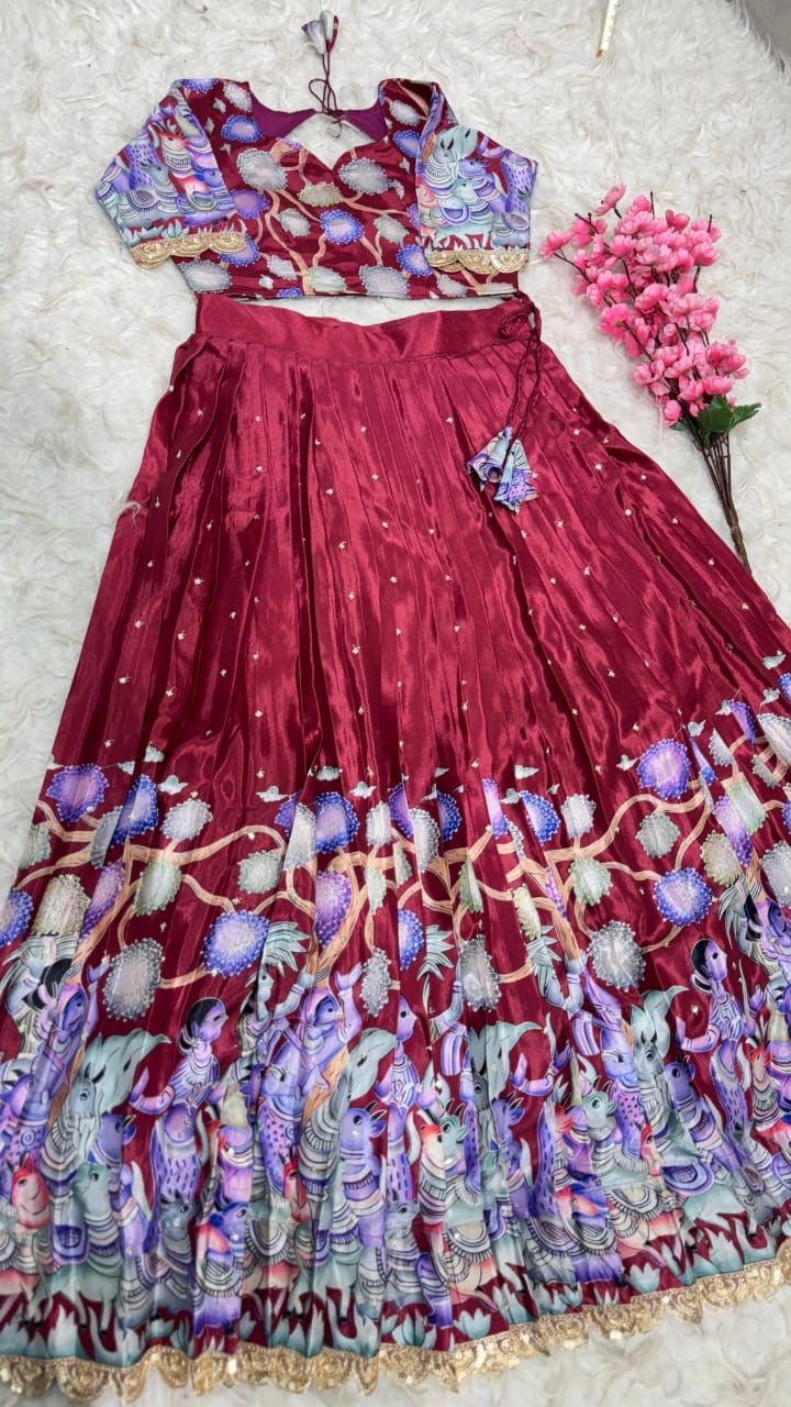 Chinnon silk Kalmkari Lehenga