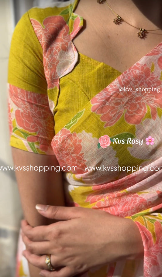 Kvs Rosy Lenin saree with stitched blouse