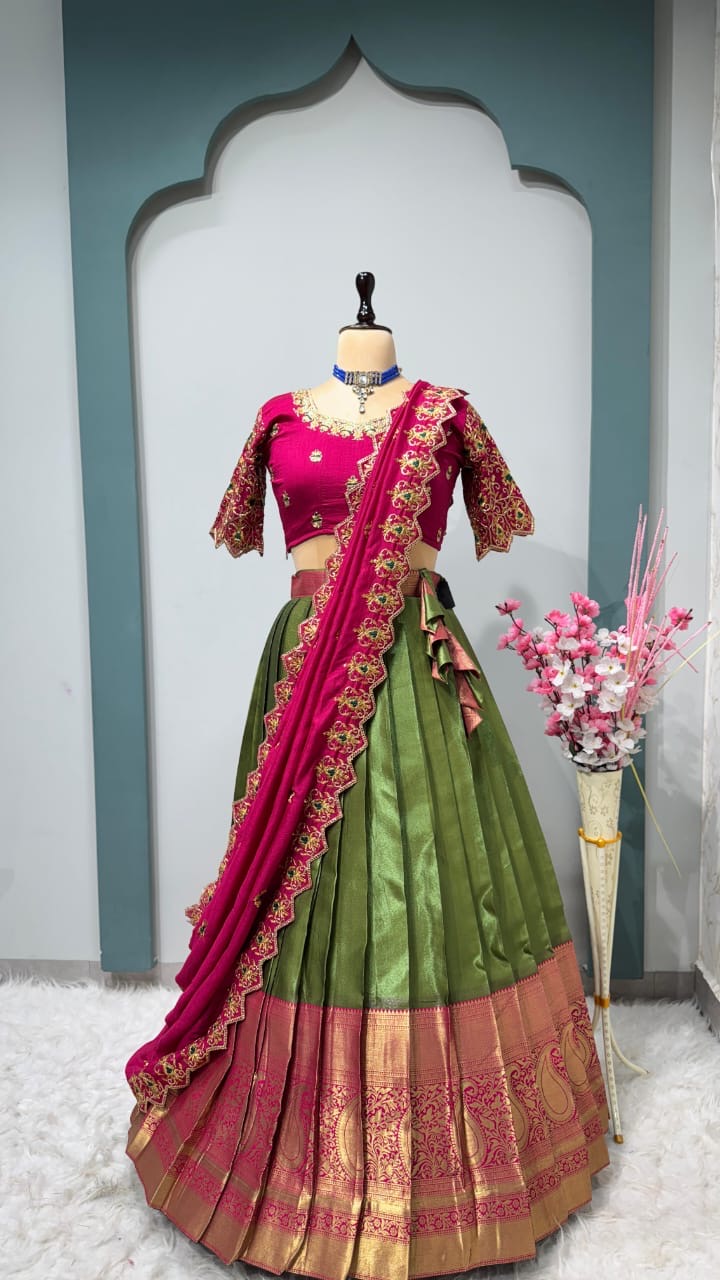 Kanchipuram Lehenga with cutwork duptta