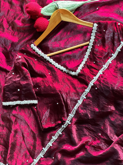 Pearl Work Space Silk Saree with pearl work Stitched Blouse