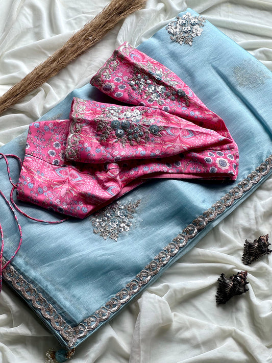 Luxe tissue silk saree with coding work With Stitched Blouse