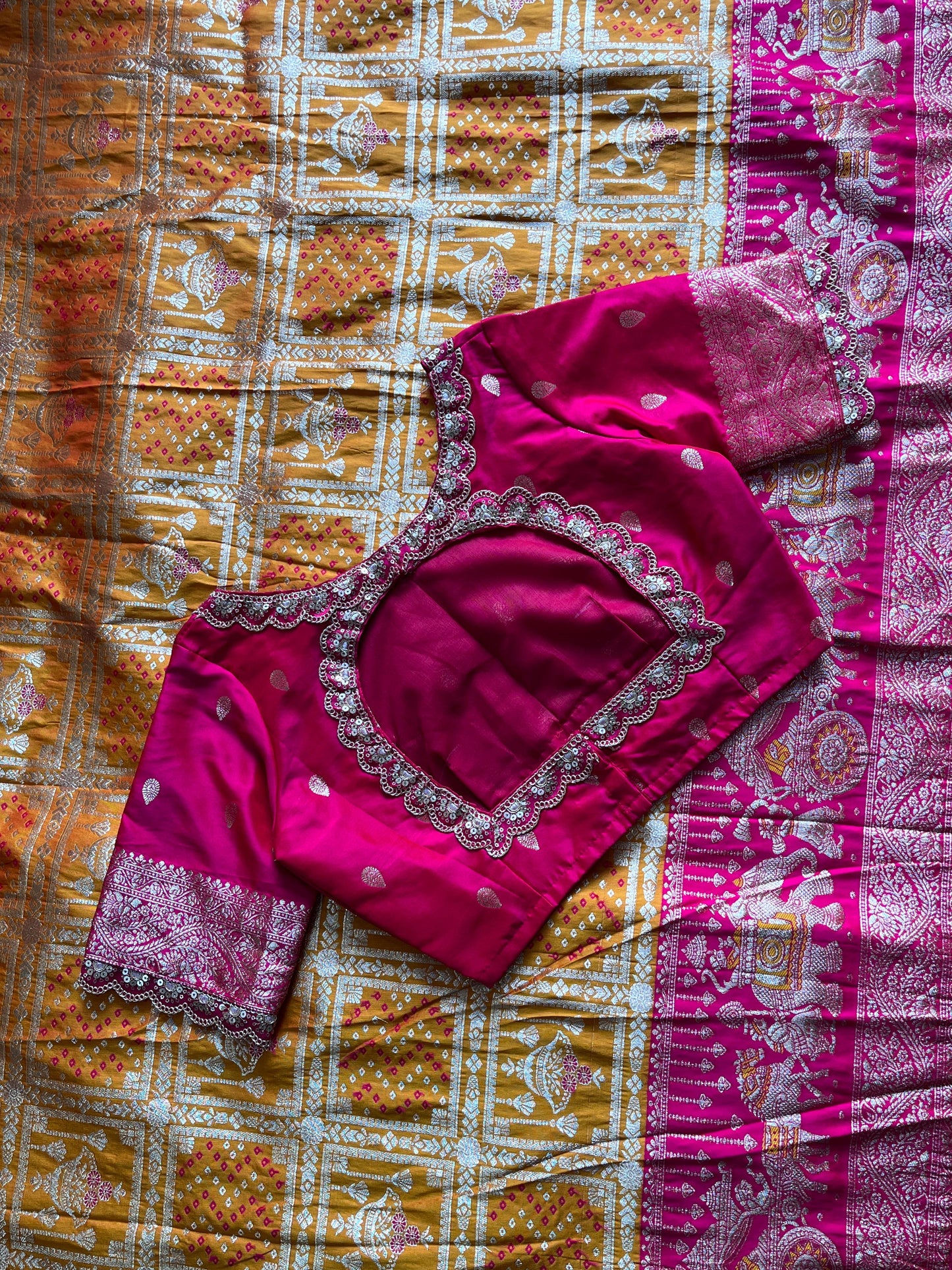 Banarasi Pattu saree with bandhani stitched blouse