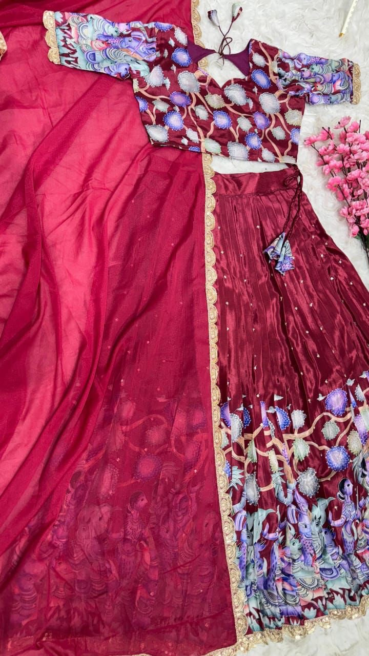 Chinnon silk Kalmkari Lehenga