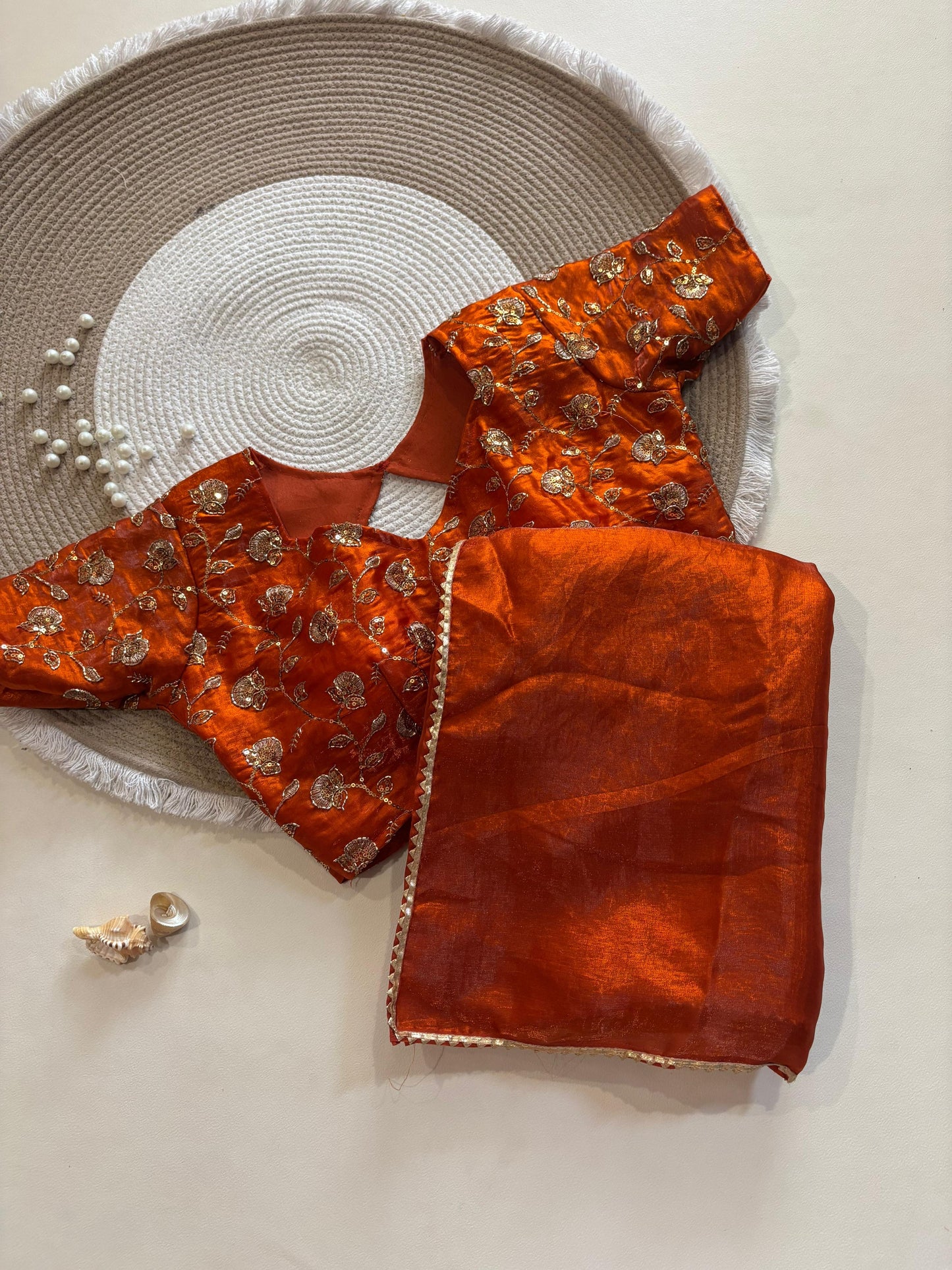 Rust Orange Desginer saree with Stitched Blouse Instgram best seller