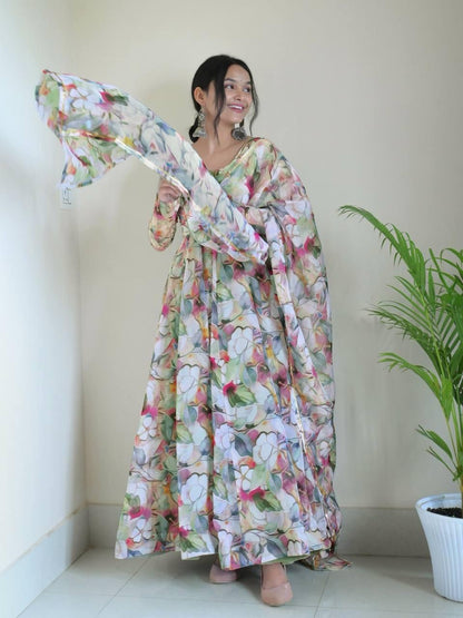 Gown Febrics Organza Taby Silk Heavy Quality Fabric With Digital Print And Full Sleeve