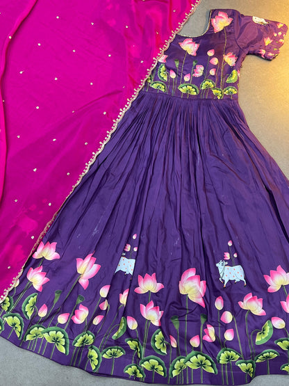 Lotus Pulmy Silk Gown With Embroidered Chinon Dupatta
