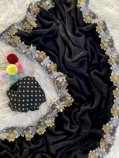 Soft black Banarasi embroidery flower sarees budget