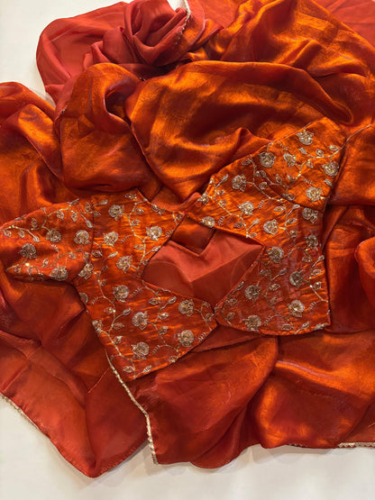 Rust Orange Desginer saree with Stitched Blouse Instgram best seller