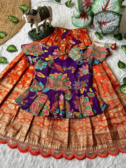 Kids Kalmkari pattu pavada sets