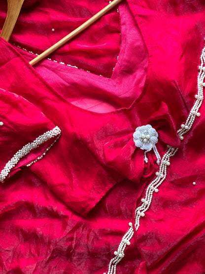 Pearl Work Space Silk Saree with pearl work Stitched Blouse