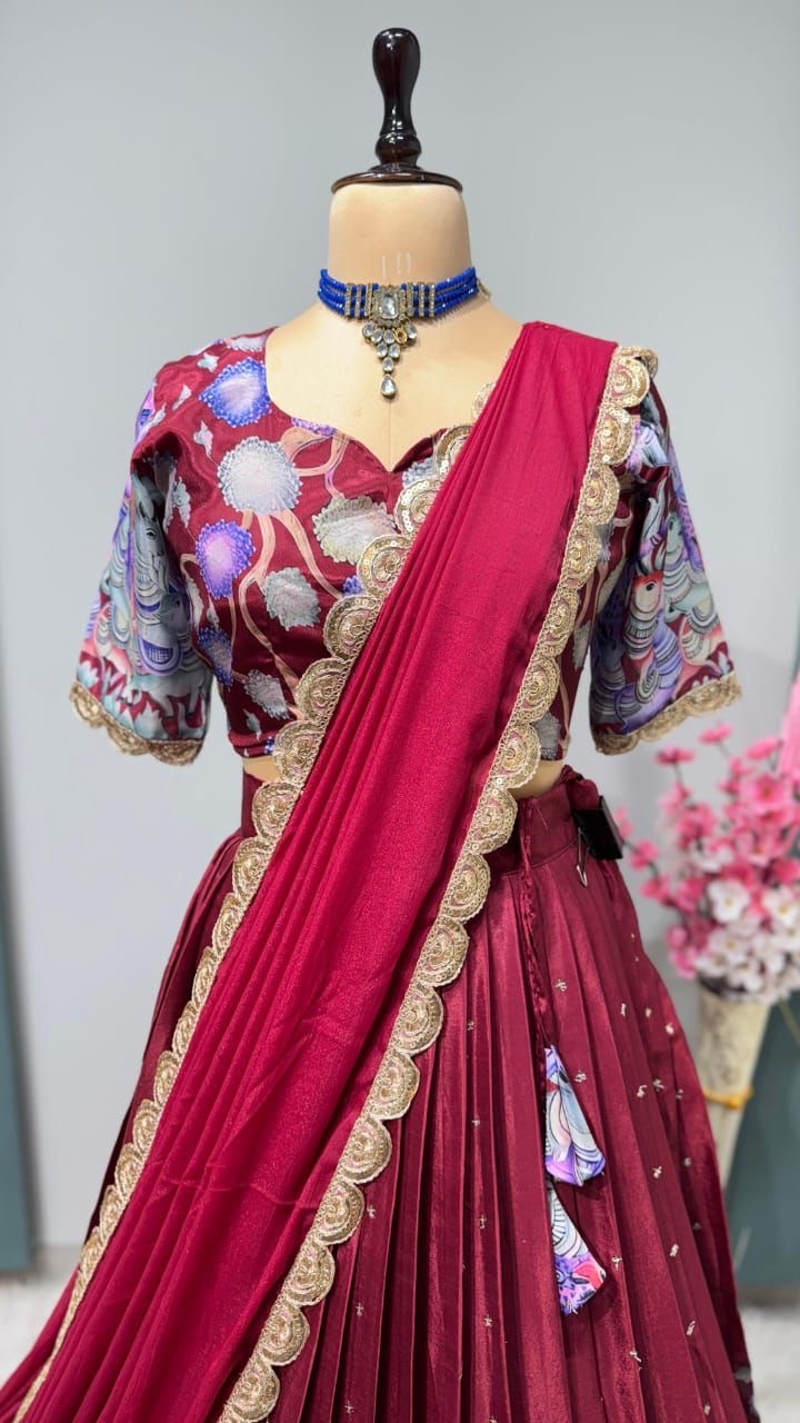 Chinnon silk Kalmkari Lehenga