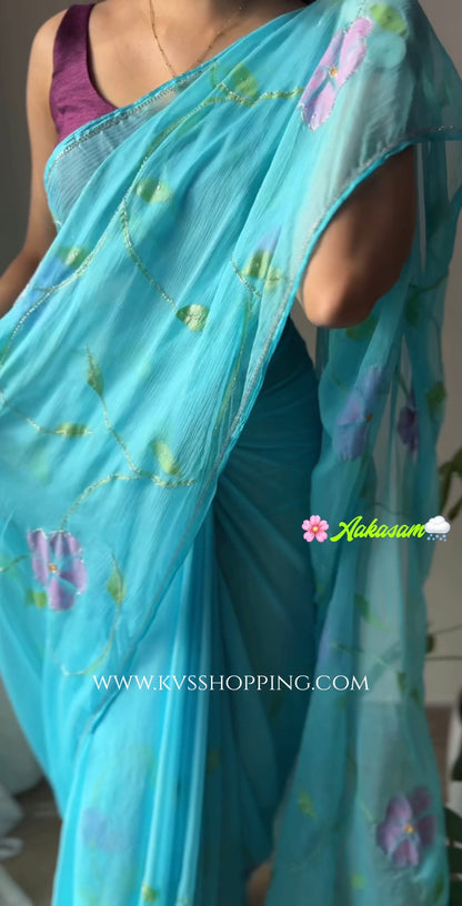 Aakasam Hand painted Chiffon Handwork trending  sarees