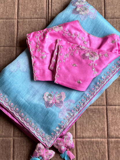 Luxe organza coding saree with stitched blouse