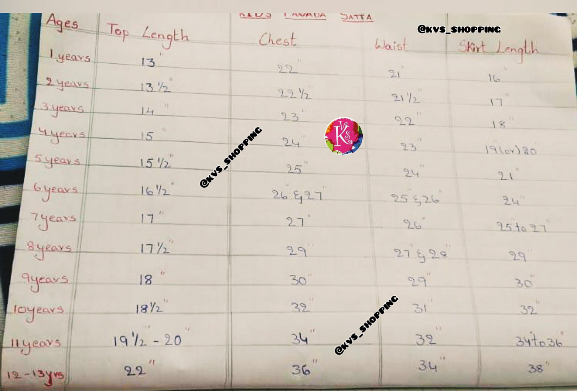 Girls size chart 